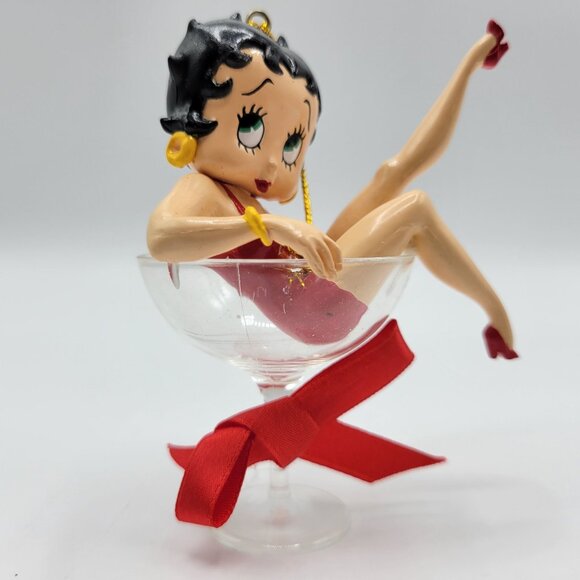 Vtg Betty Boop Ornament In Cocktail Glass With Red Bow Christmas Holiday Decor - Picture 6 of 13